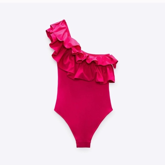 ZARA size XL hot pink one shoulder Ruffle Swimsuit brand new with tags - Picture 3 of 16
